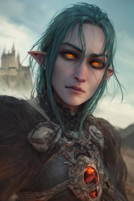 selfie by enraged orc warlord overlooking distant castle <lora:striking:5.0>, striking eyes