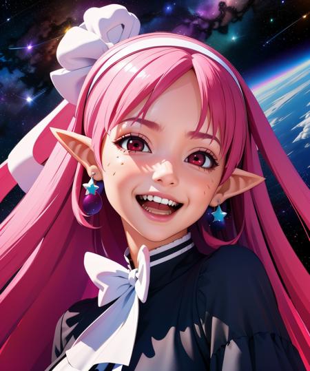 Witch.long pink hair,pointy ears,red eyes,
smiling,standing,upper body,laughing, open mouth, 
black dress,white hairband,hair ribbon,long sleeves,earrings,
outer space,fun park,stars,
(insanely detailed, beautiful detailed face, masterpiece, best quality),<lora:Witch-11Dv9:0.8>,