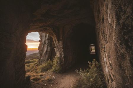 raw photo, a sunset landscape, oregon mountains, forested cliffs, cozy, photorealistic, abandoned Towering Stone gateway entry into dark the side of cliff, dwarven, high fantasy style, high detailed texture, 8k uhd, dslr, soft lighting, high quality, film grain, Fujifilm XT3, Sony A7 IV, highly detailed photography, (muted colors, cinematic, dim colors, soothing tones:1.2), vibrant, insanely detailed, hyperdetailed, (dark shot:1.2), (vsco:0.3), (intricate details:0.9), (hdr, hyperdetailed:1.2) (highest coherency: 1.39) (highest quality: 1.39) (rule-of-thirds) (award-winning) (masterclass) (highest resolution: 1.39)