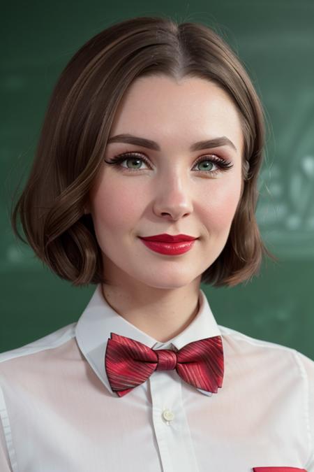 photo of a woman, laurens, ((shirt, bowtie, short hair):1.1), ((closeup, portrait)),((classroom, chalkboard)), ((red lipstick, makeup)), (smile), ((best quality, masterpiece, extreme details, high resolution):1.2),((detailed eyes, beautiful eyes, detailed face, beautiful face):1.2)