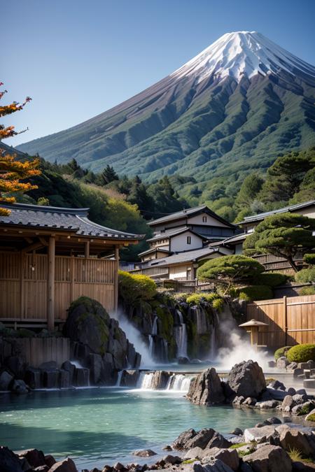 landscape, japan hot onsen, fuji mountain, detail, realistic, ((masterpiece)), hot steam,  <lora:ARWJapanOnsen:1>