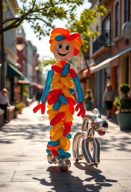 "In a sun-kissed, vibrant town, a balloon animal person, crafted from a dazzling array of colorful, twisted balloons, beamed with joy as they strolled through the streets, accompanied by their ecstatic, balloon animal companion. The person, a masterful creation of inflated, curved, and twisted balloons, boasted a bright, which seemed to radiate happiness, their balloon body a mesmerizing mosaic of red, blue, and yellow hues. Their balloon dog, a charming, canine creation, with a twisted, balloon tail and ears, wagged its tail with excitement, its balloon body a delightful, shimmering silver. As they walked, the balloons seemed to glow with a soft, ethereal light, casting long, curved shadows on the sidewalk, like a whimsical, three-dimensional drawing. The balloon person's eyes, two shiny, black dots, sparkled with delight, while the balloon dog's tongue, a tiny, pink balloon, lolled out of its mouth, as if laughing with joy. The town's buildings, a colorful, storybook backdrop, seemed to smile along with the happy duo, their windows and doors reflecting the balloons' vibrant hues, creating a dazzling, kaleidoscopic effect."