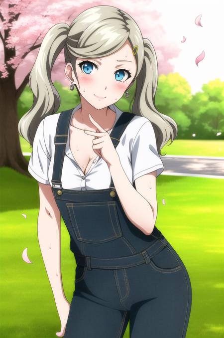 (masterpiece), high quality, highly detailed background, 1girl, solo, nsfw,
<lora:AnnTakamaki-v1-01:0.65>, ChopioAnnTakamaki, blonde hair, twintails, long hair, blue eyes, hairclip, stud earrings, (blush:1.3), looking at viewer,
outdoors, sun, sunny, sun diffraction, field, grass, standing, from front, seductive smile,
dungaree, cleavage, looking at viewer, sweat, <lora:sweat_lotion_v2:0.15>, cherry blossoms, falling petals, cute pose, white shirt, strap slip,