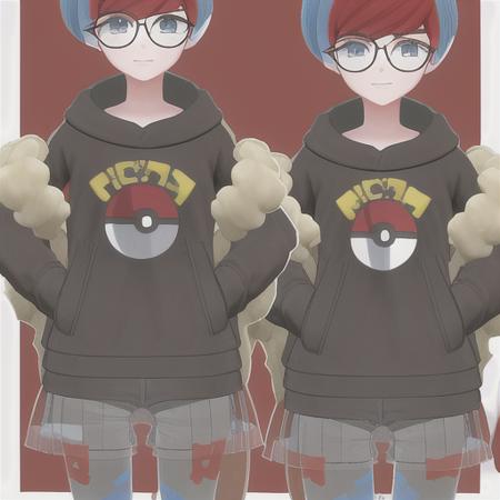 pokemon_penny_dan, 1girl,cowboy shot, smile, beanie, hairclip, sleeveless shirt, skirt, kneehighs