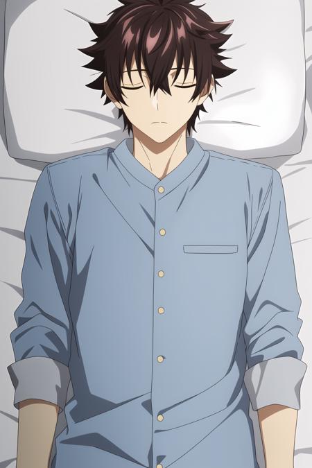 tenjou yuuya, 1boy, male focus, solo, brown hair, closed eyes, sleeping, lying, on bed,