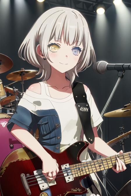 best quality, masterpiece, highres, solo, {kaname_rana_bangdreamitsmygo:1.15}, short_hair, bangs, blush, grey_hair, collarbone, closed_mouth, yellow_eyes, heterochromia, instrument, smile, blue_eyes, 1girl, guitar, holding_instrument, shirt, black_shirt, electric_guitar, holding, off_shoulder, upper_body, bass_guitar, playing_instrument