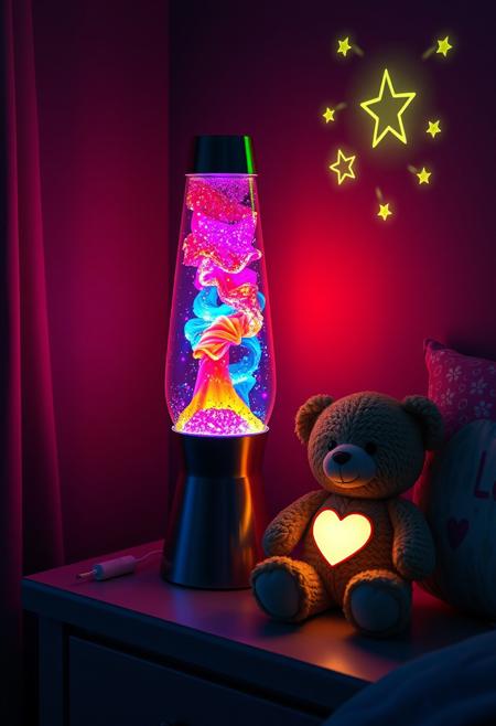 "Create a hyper-realistic image of a colorful lava lamp on a nightstand in a dark room. The lamp is lit, with vibrant, swirling liquids and glittering particles suspended in a mesmerizing dance. On the wall, a nightlight projects tiny, five-pointed shooting stars, adding to the cozy ambiance. Next to the lamp, a small teddy bear sits with a glowing heart-shaped light on its chest, symbolizing love and comfort. The lamp's soft glow, the bear's gentle light, and the starry nightlight projection bring joy and comfort to the dark room, creating a peaceful atmosphere." Octane render, Highest-Quality, 8 k, intricate details, visually stunning, Masterpiece