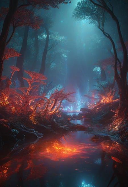 Ultrarealistic. sharp focus, dynamic lighting. play of light, reflection, refraction, Raytracing, Ultra detailed. Alien themed. Alien scenery. alien scenery background. alienworld. An alien fire dragon surrounded by ice.enchanting, cosmic, celestial, ethereal, vibrant flora, magical, luminous, serene, dreamy, radiant, bioluminescent, intricate details, surreal, enchanted forest