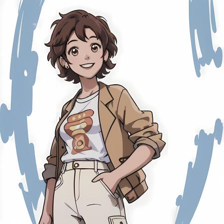 smiling, ((high resolution illustration)), ((extremely detailed)), (masterpiece), girl, big breasts, <lora:LuzandAmitySeason3:0.9>, simple background, (white background), luz with short brown curly hair , jacket, t-shirt, trousers, (Luz)