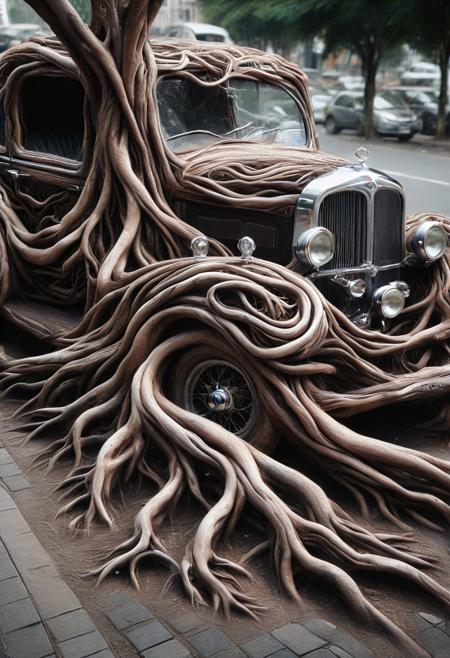 morph-treeroots , vintage car,polished chrome details,classic style design,in city,photography<lora:tree roots_0_100_V1-000008:1>