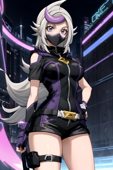 masterpiece,  best quality,  best aesthetic,  anime,  ultra detailed,  cyberspace,  city,  blue background,  neon lights,  1girl,  (ghost_girl:1.2),  (gray hair,  purple hair:1.2),  gray eyes,  low-tied long hair,  (large breasts:1.2),  (wide hips:1.2),  (purple bodysuit:1.2),  (mouth mask:1.2),  (short sleeves:1.2),  (black shorts,  short shorts:1.2),  purple thighhighs,  (purple gloves,  fingerless gloves:1.2),  (standing,  cowboy_shot:1.2),  arms_at_sides, <lora:EMS-81977-EMS:0.800000>, , <lora:EMS-179-EMS:0.300000>