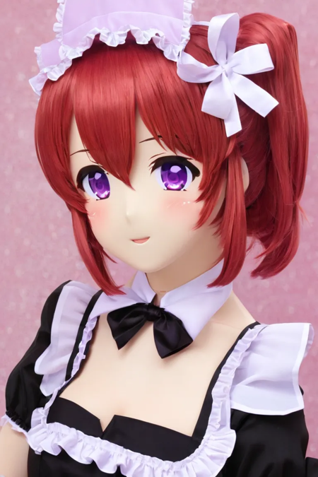 animegao cute girl, maid uniform, purple eyes, red hair <lora:agkr-sdxl-v1:1>