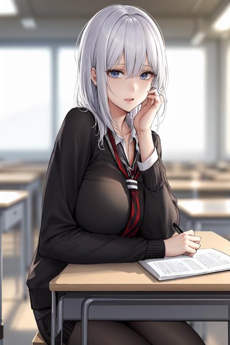 (masterpiece:1),(best quality:1),
1girl,white hair,student,
blurry background,