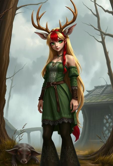 medieval fantasy scene, 
anthro deer girl, deer antlers, deer fur, large green eyes, two tone hair, long blonde hair, red hair highlights, small breasts, thick thighs, wide hips, bare shoulders, solo girl, standing posing, medieval outfit, laced tunic, flared pants, leotard over clothes, laced leggings, wide poofy leggings, cameltoe, wide flared laced pants, bloomers pants, green tunic,
