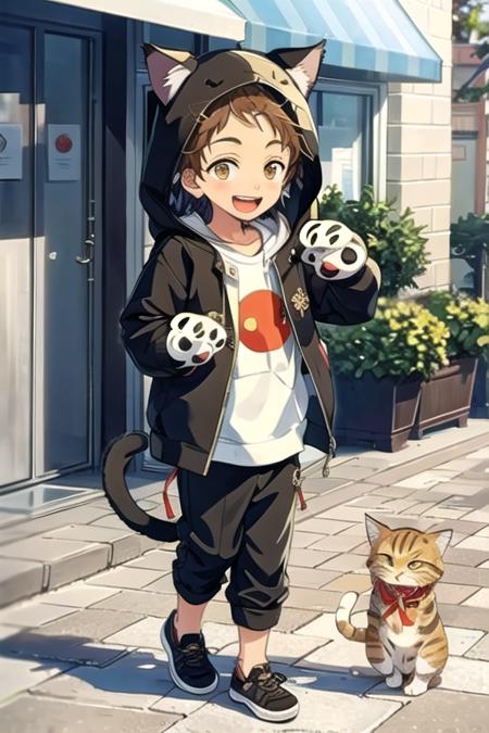 <lora:MitsuruT-09:0.7> ,tenmaes, smile, open mouth, animal ears, tail, full body, hood, chibi, cat tail, hoodie, animal hands, animal hood, paw print, male child, cat hood