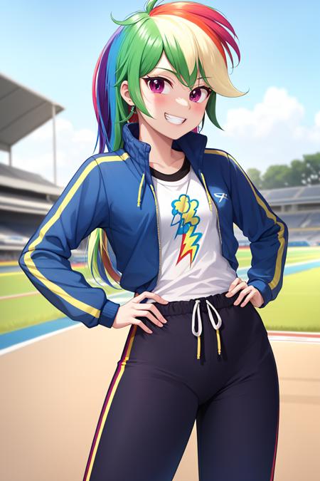 (masterpiece, best quality:1.2), <lyco:mlp_rainbowdash-10:1.0>, cowboy shot, solo, 1girl, mlpdash, colored skin, grin, looking at viewer, hand on hip, rainbow hair, purple eyes, track suit, jacket, track pants, racetrack