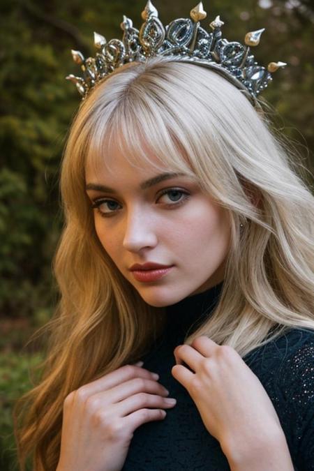 A beautiful 30-year-old woman, confident, mysterious and imposing with voluminous and very long white hair down to her waist, adorned with black stars, wears a black crescent moon crown, wears a long flowing black dress and tunic with stars and sparkles. She hugs and affectionately kisses the mouth of a blonde woman next to her. She sits on an imposing stone throne in the night forest. 
Detailed background, RAW photo, subject, 8k, soft lighting, high quality, film grain, Fujifilm, nsfw, (natural skin texture, hyperrealism, soft light, sharp), (perfect round eyes:1.3), Capture the essence of her beauty, Enrich the composition with soft, diffused natural light that accentuates the textures and colors, creating a timeless and culturally rich image, EyeDetail-SDXL, fFaceDetail-SDXL
