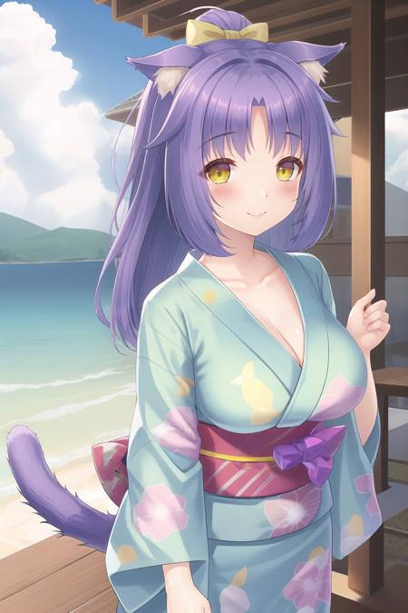 nekogui,gold eyes, <lora:super-nekogui-v7:0.94>,1girl, animal ears, tail, solo, japanese clothes, cat ears, cat tail, breasts, kimono, smile, yellow eyes, looking at viewer, purple hair, cleavage, long hair, cat girl, large breasts, sash, blush, yukata, day, slit pupils, outdoors, obi, sky, collarbone, cloud, blue sky, standing