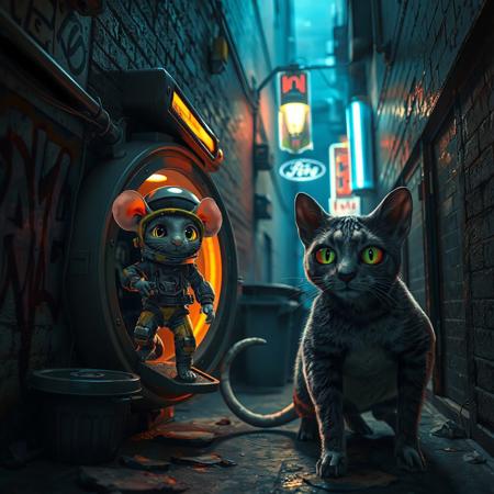 Two tiny mice, dressed in high-tech, advanced spacesuits with glowing visors and futuristic gadgets, are stepping out of a small, sleek alien spacecraft. Their faces are lit with excitement and wonder as they eagerly anticipate meeting Earth's inhabitants. However, they’ve mistakenly landed in a gritty, dimly lit urban alleyway with a few neon signs casting light . The walls are covered in graffiti, and trash bins line the narrow space. Emerging from the shadows, an alley cat with a muscular physique, sleek fur and piercing gold and green eyes is poised to pounce, toward the unsuspecting mice. The scene is illuminated by a flickering streetlight neon and neon signs, casting eerie shadows across the alley., architecture, fashion, poster, 3d render