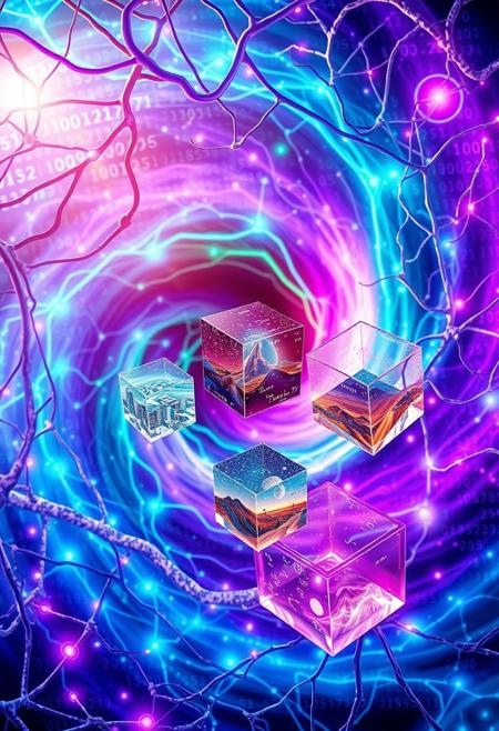A vibrant, swirling vortex of interconnected neurons forms the central focus, pulsing with electric blues, vivid purples, and glowing greens. These neural pathways morph seamlessly into streams of binary code and floating mathematical equations.
Emerging from this neural network is Floating crystal cubes contain miniature worlds - one showcases a smart city, another a virtual reality landscape, and a third displays a scene of space exploration.
