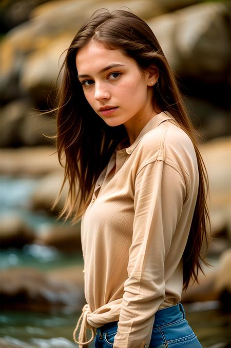 young pretty woman, long hair, looking at viewer, brown hair, shirt, brown eyes, jewelry, earrings, pants, mole, blurry, lips, blurry background, denim, freckles, jeans, realistic, photorealistic, hyperrealistic art, extremely high-resolution details, photographic, realism pushed to extreme, fine texture, incredibly lifelike, absurdres, masterpiece, 8k, high detail, intricate, best quality