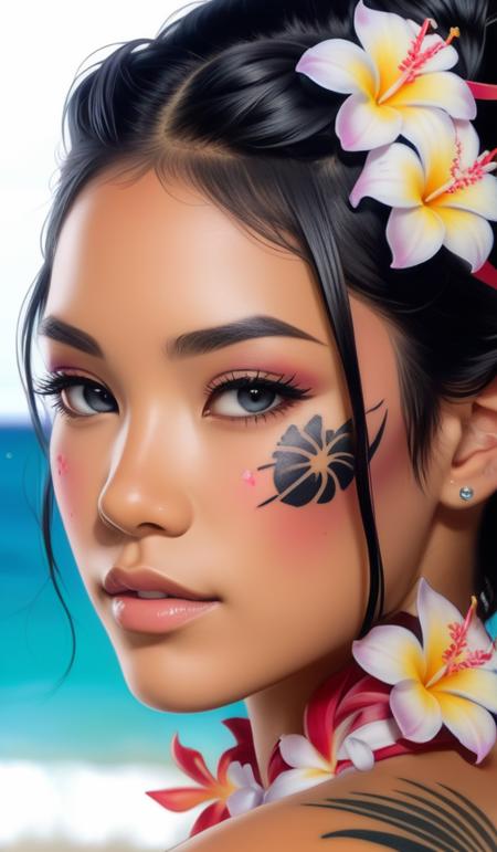 tattoo design, stencil, beach photography, tattoo stencil, traditional, beautiful portrait of a traditional Hawaiian girl with flowers in her hair, upper body, by artgerm, artgerm, artgerm, digital art, cat girl, anime eyes, anime, sexy, super model-s 100, <lora:add-detail-xl:2>