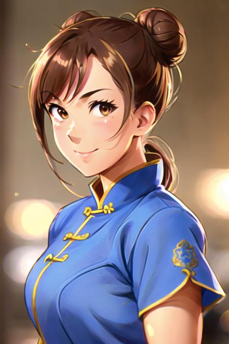 1girl, solo, (highly detailed eyes), detailed face, intricate details, portrait, chun-li, (brown eyes), brown hair, upper body, (chinese dress), double bun, ((muscular female)), (looking at viewer), smile, soft lighting, modelshoot style, cartoon, khyle-28200