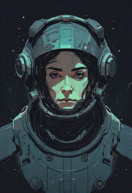 portrait, character,  sci fi gear, abstract, graphic style of drawing comics, dark space colour palette, vector illustration, muted colors, delicate details, high detailed, moody, Vrubel, Kuindzhi style