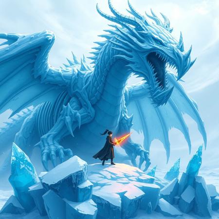 Subject: Massive frozen dragon, encased in ice, ancient and mystical
    Foreground: Small human figure, black clothing, wielding a glowing orange weapon, standing atop the dragon
    Dragon: Enormous skeletal structure, sharp icy scales, majestic horns, detailed icy patterns
    Ice: Shards and spikes of vibrant blue ice, jagged and crystalline, radiating cold energy
    Setting: Arctic tundra, snowy landscape, overcast sky with swirling snow
    Pose: The figure stands confidently, confronting or inspecting the dragon, dwarfed by its size
    Lighting: Soft, cool blues and whites, contrasted by the warm orange glow of the weapon
    Atmosphere: Chilling, awe-inspiring, mysterious, blending power and serenity
    Mood: Epic, adventurous, a sense of discovery and confrontation
    Style: High-detail fantasy illustration, anime-inspired, dynamic and dramatic composition
This artwork captures the contrast between the immense frozen dragon and the lone figure, evoking themes of exploration, mystery, and the balance between power and fragility in a fantastical, icy setting.