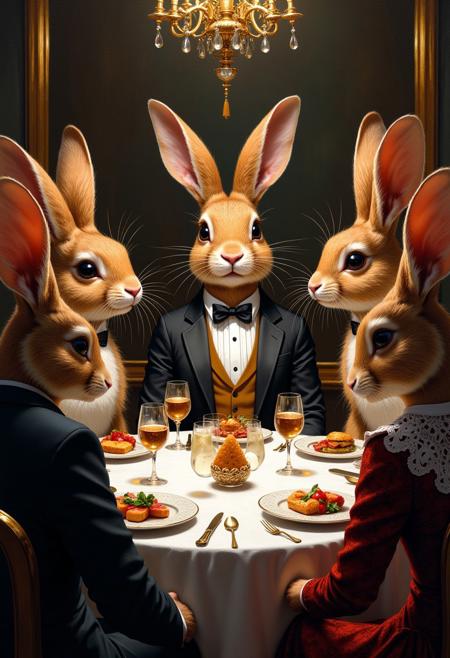 A classic oil painting depicting a group of rabbits dressed in formal attire, attending a fancy dinner party and discussing the latest catnip gossip. (masterpiece, award winning artwork) many details, extreme detailed, full of details, Wide range of colors, high Dynamic, mythp0rt