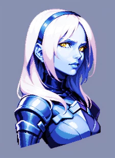 1girl, portrait of beautiful paladin, blue skin, white hair, yellow eyes, looking at viewer, very detailed, realistic, pixel art  <lora:sxz-pxl-v1:0.8>