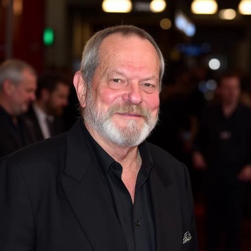 an image of terry gilliam standing outside a movie premier wearing an evening suit