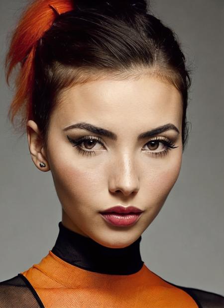 portrait of sks woman by Flora Borsi, style by Flora Borsi, bold, bright colours, orange Mohawk haircut, ((Flora Borsi)), <lora:locon_andreabotez_v1_from_v1_64_32:1.25>