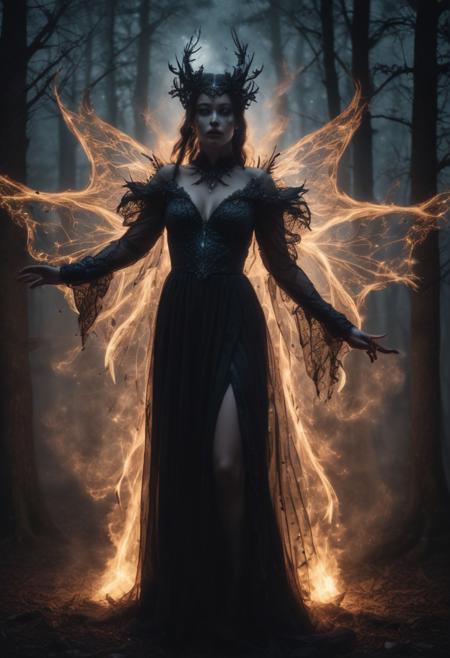 8k model photography of the faerie queen of night wearing a dress of shadows and darkness, beautiful and surrounded by opaque magical darkness magic and glowing spellcraft in the air