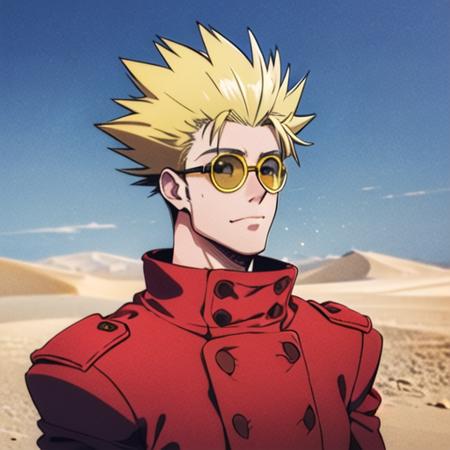 ((1man)), (Vash Stampede), yellow hair, (long red coat:1.0), (yellow eyewear:1.2), standing, (portrait:1.2), desert background, (masterpiece, best quality),  <lora:VashStampede:0.9>