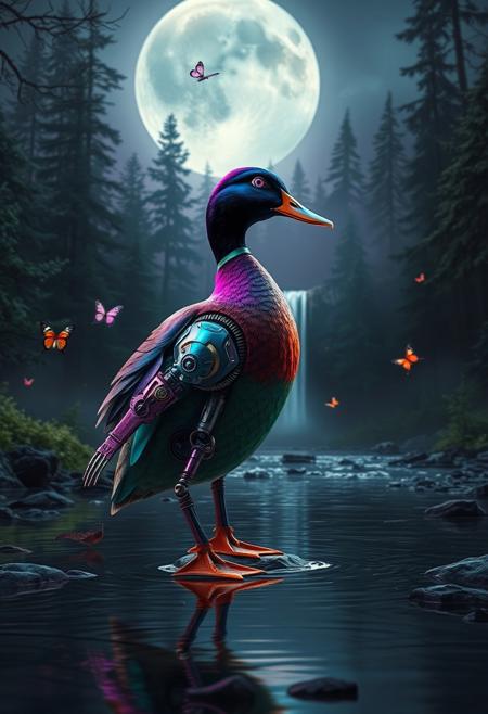 Against a backdrop of moon-lit enchanted forest,a biomechanical duck stands out in stark contrast. Vibrant hues of electric purple and neon green adorn its mechanical limbs,while its colorful feathers shimmer with iridescent sheen. As it crosses the shallow river,the duck's gaze is fixed on the distant waterfall,its gemstone eyes sparkling. some colourful butterflys flying around, The natural landscape provides a dramatic frame for this forest,bathed in the glow of moon,vibrant colors,backlight,high contrast,ultra realistic,dof,(subsurface scattering),fog. Steampunk,