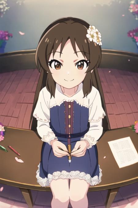 Tachibana Arisu, 1girl, hair ornament, flower, brown eyes, brown hair, hair flower, solo, smile, long hair, dress, table, petals, pen, looking at viewer, sitting
 <lora:arisu-u149-anime-v1.0:1>