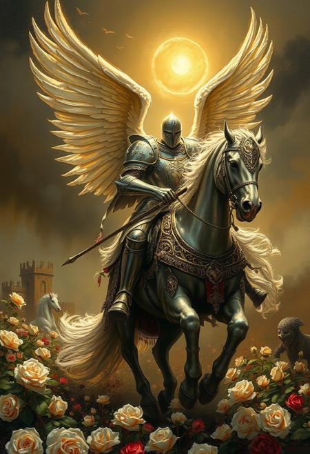 High Gothic Dark Fantasy DarkSouls EldenRings t Cursed:-Gothic : Glorious Angelic White Knight in a Heavenly Ornemental Heavy Knight armor guilded with Gold riding his Horse into battle in a Field of blood and white Roses Under a Warm Golden Sunlight::| hyperdetailed: maximalist Glowings::| Stunning masterpiece::| Jonas De Ro: Russ Mills" oil painting by James Gurney