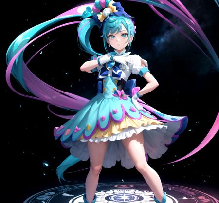 best quality, best aesthetic, masterpiece, intricate details, BREAK 1girl, solo, cure spicy, magical girl, solo, (full body), (expressionless, parted lips), looking at viewer, gloves, standing, crossed arms, light particles, short sleeves, blue bow, brooch, bow, earrings, dress, colorful background, (magic circle), BREAK, <lora:CURE_SPICY-09:0.7>