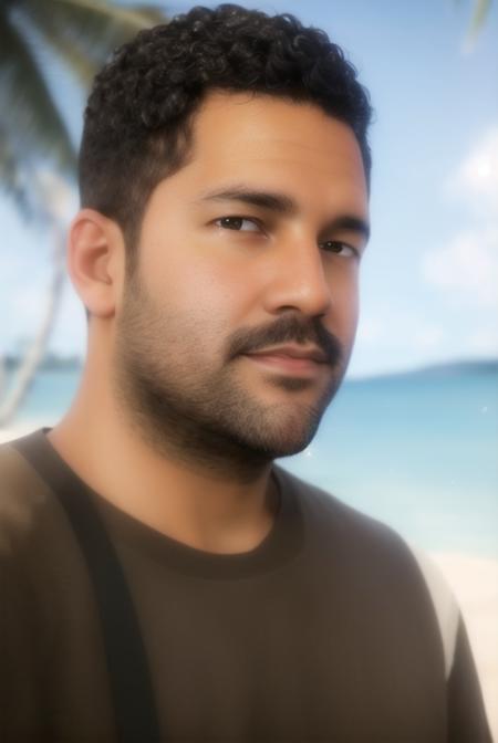 <lora:bogg_dann:0.8>, bogg dann, masterpiece, best quality, 1boy, solo, male focus, shirt, wristwatch, watch, facial hair, outdoors, black hair, closed mouth, short sleeves, realistic, blurry, brown shirt, t-shirt, photo background, sky, towel on one shoulder, towel, striped shirt, beach, taking picture, selfie, close-up,