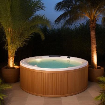 Wooden round jacuzzi in a garden with palm trees at night, artificial lights