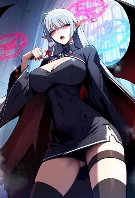 long hair, red eyes, grey hair, white hair, pointy ears bat wings cape, cleavage cutout, black dress, short dress, cleavage, covered navel, wide sleeves, long sleeves, black thighhighs, thigh strap black ribbon, neck ribbon, white shirt, long sleeves, black dress, belt