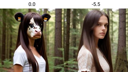 a cow head, long hair, brown hair wearing dress, forest, short sleeve,detailed <lora:cow_slider_v10: 0.0>