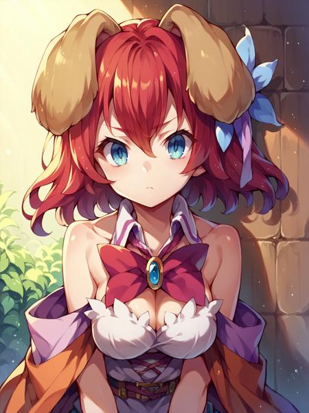 stephanie dola, 1girl, solo, red hair, blue eyes, hair ornament, dress, cape animal ears