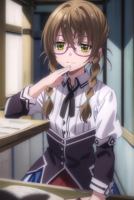 aikakiryuu, <lora:aika kiryuu anime s2-lora-nochekaiser:1>,
aika kiryuu, long hair, brown hair, (green eyes:1.5), braid, glasses, twin braids, smile,
BREAK shirt, ribbon, school uniform, white shirt, black ribbon, neck ribbon, capelet, black capelet, long sleeves, skirt, red skirt,
BREAK indoors, classroom,
BREAK looking at viewer, (cowboy shot:1.5),
BREAK <lyco:GoodHands-beta2:1>, (masterpiece:1.2), best quality, high resolution, unity 8k wallpaper, (illustration:0.8), (beautiful detailed eyes:1.6), extremely detailed face, perfect lighting, extremely detailed CG, (perfect hands, perfect anatomy),