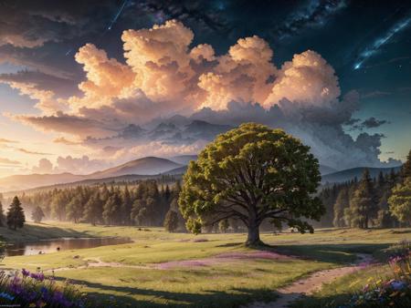 (Extremely Detailed Oil Painting:1.2), Impressionist painting sky,tree,cloud,scenery,outdoors,grasslands,lake,sunset,star \(sky\),flower,starry sky,cloudy sky,no humans,twilight,nature,wind,masterpiece,best quality,very aesthetic,absurdres <lora:StarryMountainWildernessV1.0:0.7> . Loose brushwork, vibrant color, light and shadow play, captures feeling over form, glow effects, godrays, Hand drawn, render, 8k, octane render, cinema 4d, blender, dark, atmospheric 4k ultra detailed, cinematic sensual, Sharp focus, humorous illustration, big depth of field, Masterpiece, colors, 3d octane render, 4k, concept art, trending on artstation, hyperrealistic, Vivid colors, extremely detailed CG unity 8k wallpaper, trending on ArtStation, trending on CGSociety, Intricate, High Detail, dramatic