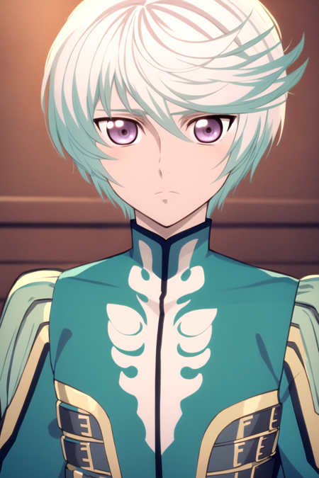 masterpiece, best quality, 1boy, mikleo, solo, closeup, bishounen, male focus, purple eyes, expressionless,  white hair  <lora:Mikleo:1>