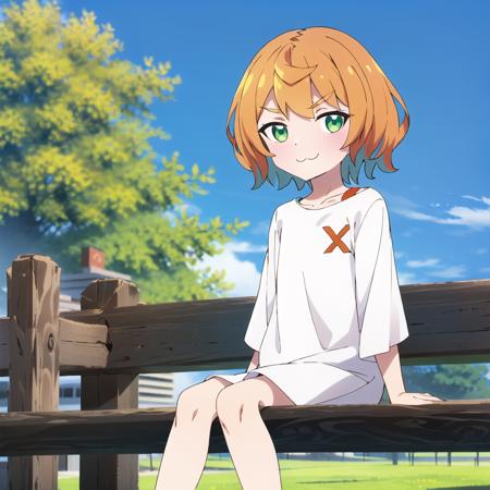 ((Masterpiece)), ((ultra quality)), mona, :3, blue sky, cloud, day, grass, looking at viewer, outdoors, sky, solo, fullbody, long white shirt, looking at viewer, solo, bench, sitting, downtown tokyo