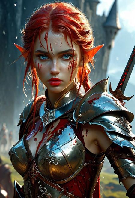 Ultra detailed digital art masterpiece Beautiful Elf Warrior girl dressed in a ornamented shiny iron Armor, Standing on a battlefield at the head of an army of knights, where a bloody slaughter is taking place, standing in battle pose, a dark epic fantasy, perfect lighting, wavy red hair, Concept art by Greg Rutkowski, Intricately Designed Handsome dirty bloody face, Realistic beautiful blue eyes, Atrractive 21 years old woman, dark fantasy elements, pointed elf ears, defiant and seductive, covered in dirty and blood, cinematic colors Lighting, extremely detailed, in a fighting pose, holding a sword, Intricately Designed body, realistic body proportions, beautiful face proportions, Realistic Firm breasts, 8K, ultra-realistic body, beautiful Elf Warrior girl covered in blood on her body, realistic red lips, wet and sweaty skin, Alphonse Mucha concept art, Dark fantasy style, Dark fantasy atmosphere, sharp focus, digital painting, asymmetrical balance, direct eye contact,, adding to the intense and dynamic atmosphere of the scene, complex masterpiece
