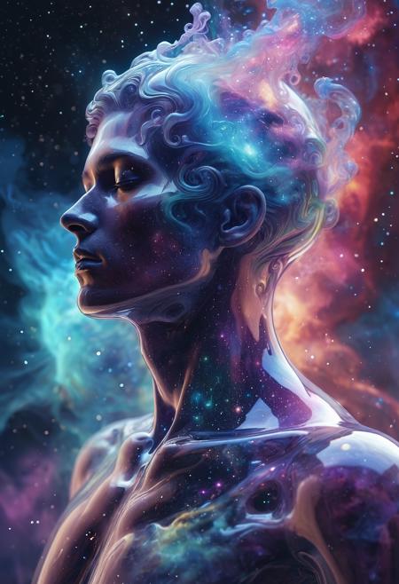 fantasy portrait of a person with a glass body and head filled with swirling nebula, intricate details, ethereal lighting, magical atmosphere, vibrant colors, 8k, highly detailed, trending on artstation